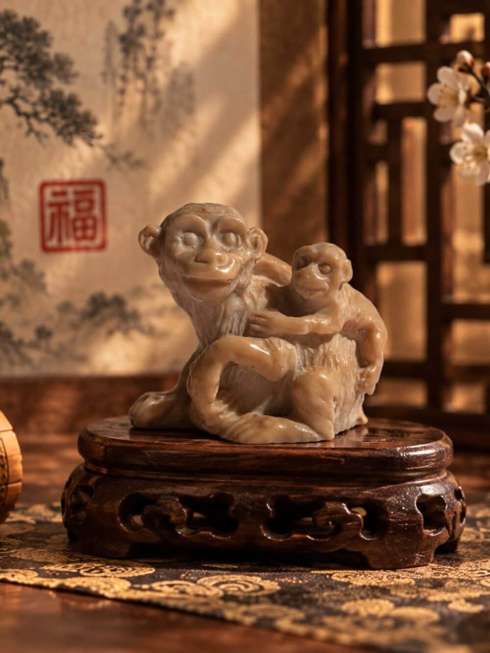 Vintage Carved Stone Monkey Figurine with Baby